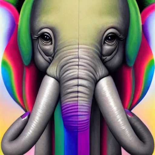 Prompt: a surreal picture of a rainbow - coloured elephant by mark ryden insanely quality, elegant, highly detailed, digital painting, artstation, concept art, pop, smooth, sharp focus, illustration, art by mark ryden and lisa frank and dali 3 d 8 k ultra detailed