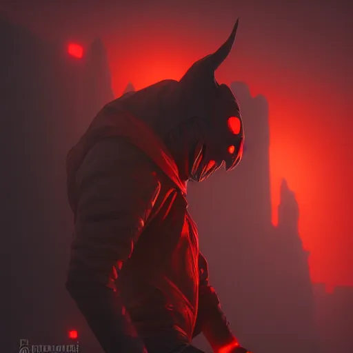 Image similar to villain wearing a red oni mask, orange jacket, dark background, unreal engine 5, ultra realistic, detailed, fog, volumetric lighting, by greg rutkowski,