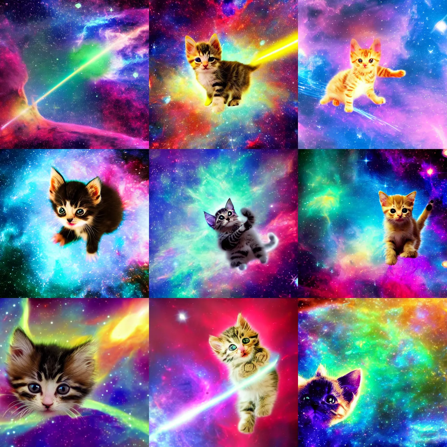 Prompt: adorable cute small kitten shooting lasers from its paws in a colorful space landscape nebula background