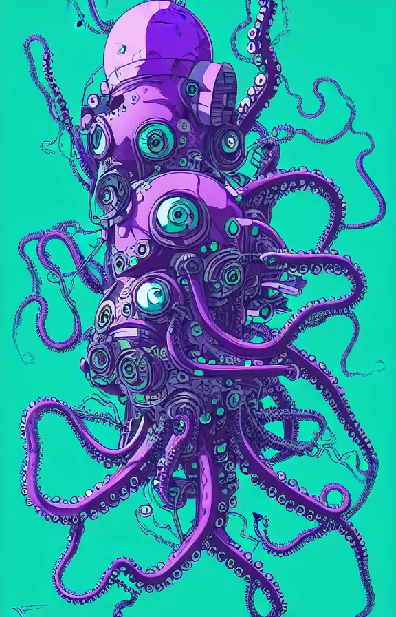 Prompt: robotic cyberpunk octopus by miyazaki, blue green purple color palette, illustration, kenneth blom, mental alchemy, james jean, pablo amaringo, naudline pierre, contemporary art, hyper detailed