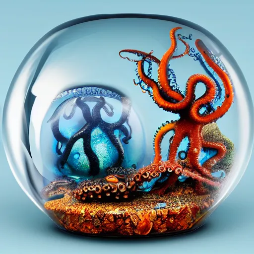 Prompt: a clear teapot with an ocean inside with octopus, sea monsters, fish, coral, and seaweed, highly detailed, 8 k, trending on artstation, award - winning art,