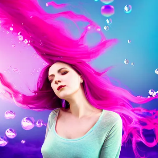 Image similar to a award winning half body portrait of a beautiful woman in a croptop with a ombre purple pink teal hairstyle with head in motion and hair flying, water bubbles, outrun, vaporware, vivid colors, highly detailed, fine detail, intricate