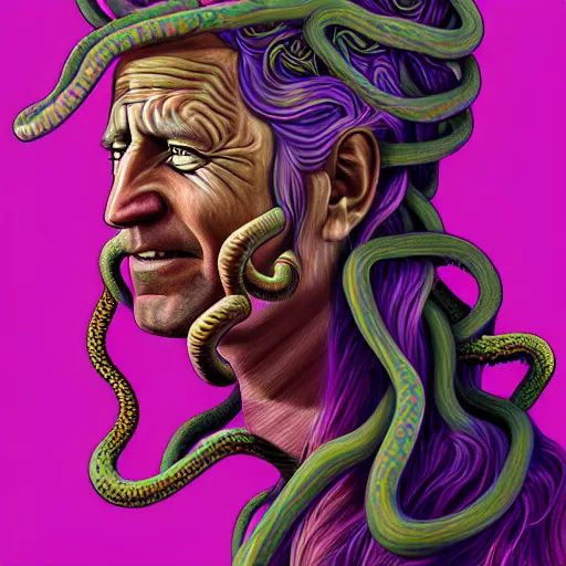 Image similar to an extremely psychedelic portrait of medusa as joebiden, surreal, lsd, face, detailed, intricate, elegant, lithe, highly detailed, digital painting, artstation, concept art, smooth, sharp focus, illustration