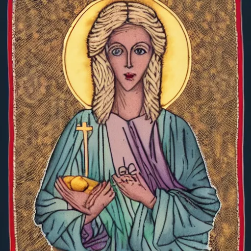 Prompt: mette frederiksen as a holy saviour, tarot, tapestry