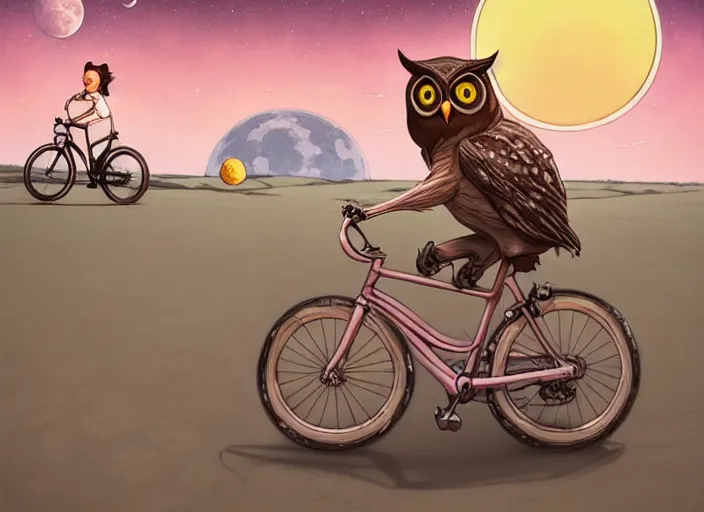 Image similar to a cell shaded cartoon owl riding a bicycle, with a big head, on a desert road, wide shot, in front of a big moon, muted colors, post grunge, josan gonzales, wlop, by james jean, victor ngai, hq, deviantart, art by artgerm