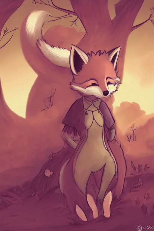 Image similar to a pretty medieval anthropomorphic fox with a fluffy tail in the forest, comic art, trending on furaffinity, cartoon, kawaii, backlighting, furry art!!!, warm shading, concept art, sunset