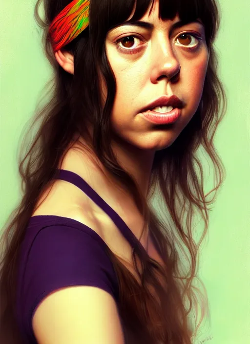 Prompt: portrait of young aubrey plaza with bangs, hippie, long hair, groovy hairband, bangs, intricate, smooth, groovy lighting, highly detailed, digital painting, artstation, concept art, smooth, sharp focus, illustration, art by wlop, mars ravelo and greg rutkowski