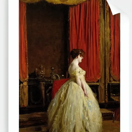 Prompt: a theatre actress waiting behind the curtain on stage, by alfred stevens