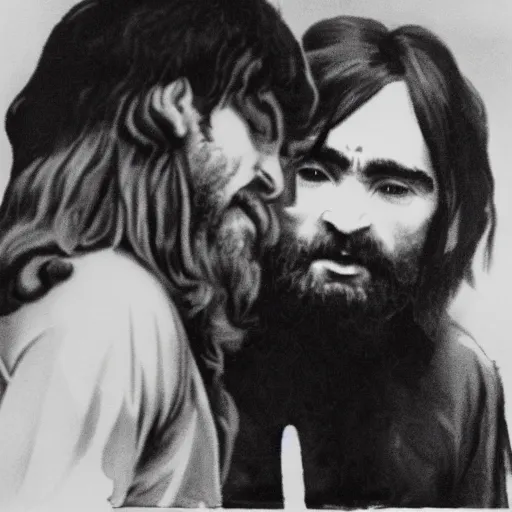 Image similar to charles manson singing with john lennon, portrait, high quality photography, realistic, detailed, uncropped, face detail,