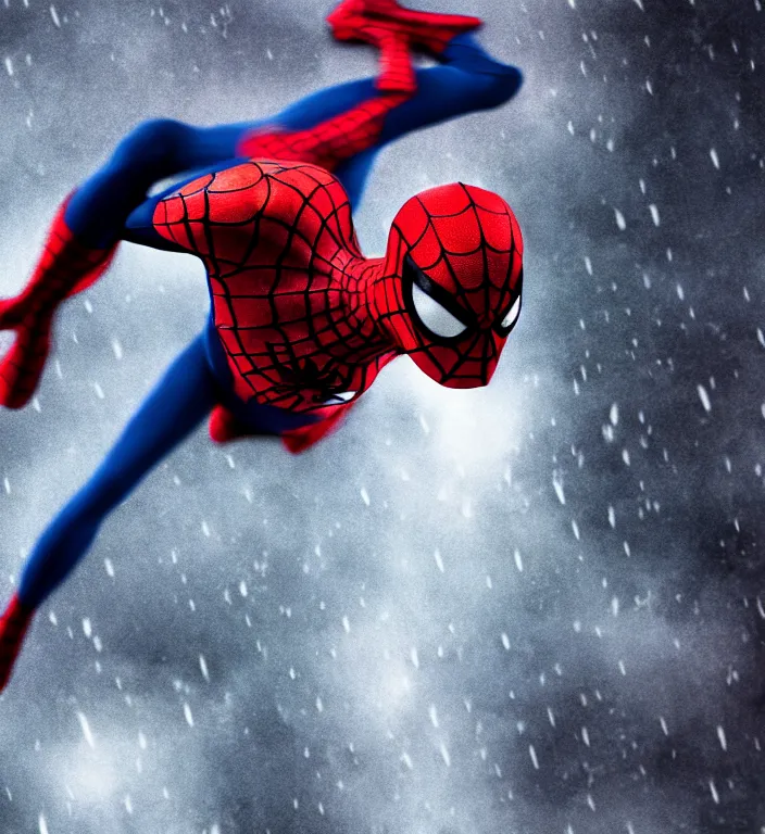 Image similar to cinematic of tobey maguire as spiderman, dramatic rain, 8 k