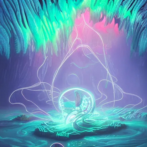 Image similar to an underwater alien ocean, filled with bioluminescence, twirling glowing sea plants, neon colors, and a mystical misty glow, ethereal, detailed, fantasy illustration
