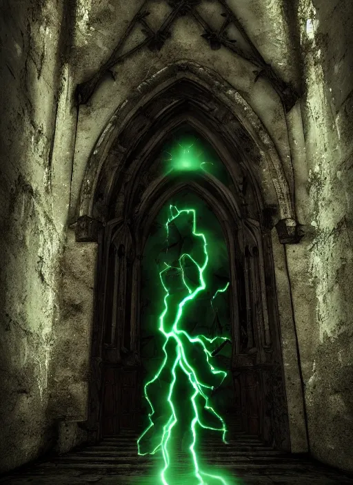 Prompt: character design, biomechanical arcanist in church on pathway to castle, tattered robe and hood, green lightning, fog, scary, arrogant, hostile, photorealistic, cinematic, hyper realistic, octane render, 8 k, full shot