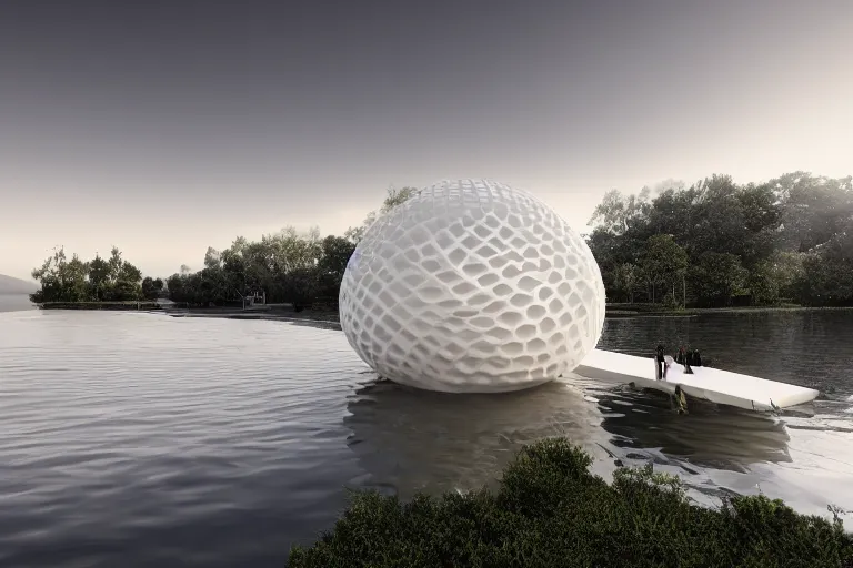 Prompt: a lot of white egg shaped spherical spaces are combined and intersected to form a skum white building. on the calm lake surface, people's perspective, future, interior wood, marble, award winning, highly detailed 4 k art, dusk, unreal engine highly rendered, global illumination, radial light, internal environment