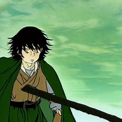 Image similar to peregrin took from the anime lord of the rings (1986), dark hair, green cape, hobbit, studio ghibli, very detailed, realistic