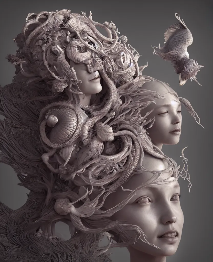 Image similar to goddess sculpture close-up portrait. orchid bird phoenix head, nautilus, skull, betta fish, bioluminiscent creatures, intricate artwork by Tooth Wu and wlop and beeple. octane render, trending on artstation, greg rutkowski very coherent symmetrical artwork. cinematic, hyper realism, high detail, octane render, 8k