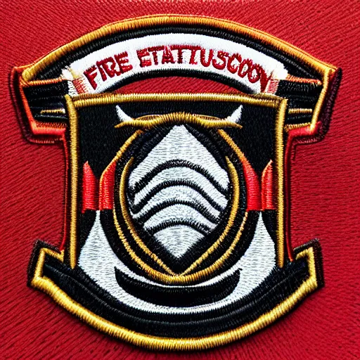 Prompt: fire station embroidered patch retro - futuristic design