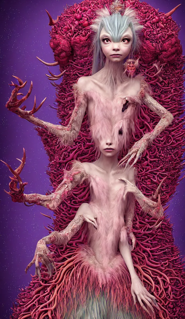 Image similar to hyper detailed 3d render like a Oil painting - kawaii full body portrait Aurora (a beautiful skeksis queen from dark crystal that looks like Anya Taylor-Joy with hooves and antlers) seen red carpet photoshoot in UVIVF posing in scaly dress to Eat of the Strangling network of yellowcake aerochrome and milky Fruit and His delicate Hands hold of gossamer polyp blossoms bring iridescent fungal flowers whose spores black the foolish stars by Jacek Yerka, Ilya Kuvshinov, Mariusz Lewandowski, Houdini algorithmic generative render, Abstract brush strokes, Masterpiece, Edward Hopper and James Gilleard, Zdzislaw Beksinski, Mark Ryden, Wolfgang Lettl, hints of Yayoi Kasuma, octane render, 8k