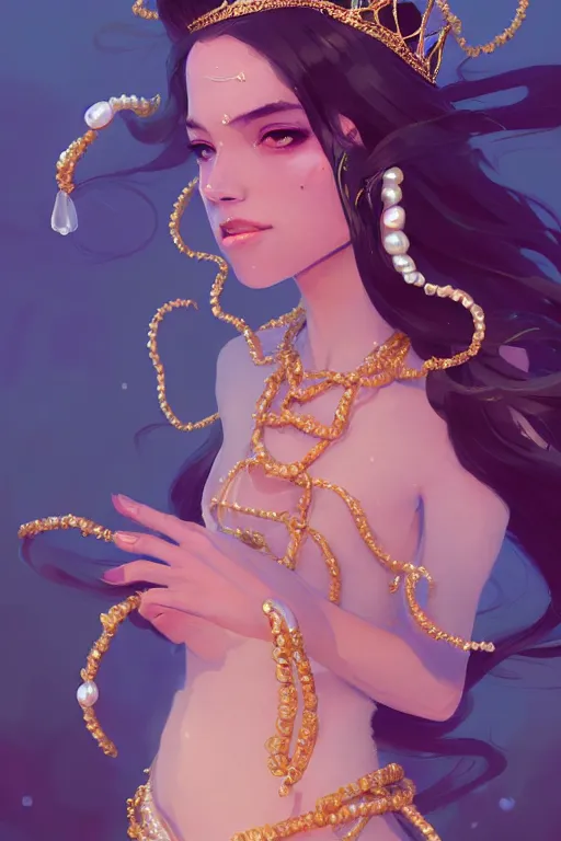 Prompt: portrait of a beautiful queen of the ocean with pearl and gold and crystal jewelry in complex and shiny dress made by jellyfish, by ross tran and atey ghailan, by greg rutkowski, by greg tocchini, by james gilleard, by joe fenton, by kaethe butcher, dynamic lighting, grunge aesthetic