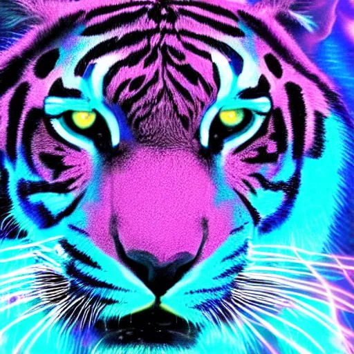 Image similar to blue tiger head growling looking to the right with hot pink lightning bolt shooting out of its eye to the left