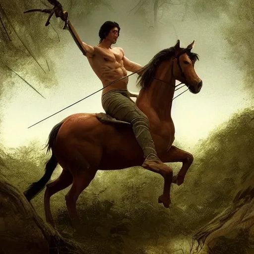 Prompt: Adam Driver as a centaur warrior, human torso on a horse body, shirtless, with a bow and arrow, galloping through the forest, digital art, fantasy art by Greg Rutkowski