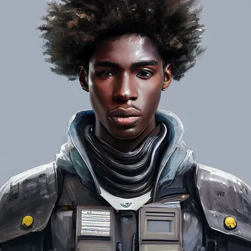 Image similar to portrait of a man by greg rutkowski, he is about 2 0 years old, mixture between afroamerican and japanese, afro hair, young, very tall and slender, he is wearing a futuristic police gear, highly detailed portrait, digital painting, artstation, concept art, smooth, sharp foccus ilustration, artstation hq