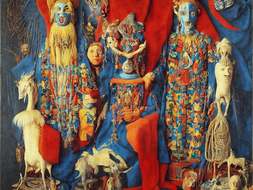 Prompt: portrait of albino mystic with blue eyes, with beautiful exotic, archaic, Aztec mask, sculpture. Painting by Jan van Eyck, Audubon, Rene Magritte, Agnes Pelton, Max Ernst, Walton Ford