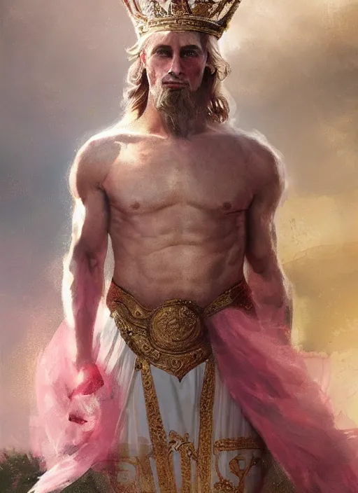 Image similar to vladimir putin as a magnificent beautiful greek god in a crown and pink balerrina skirt by greg rutkowski