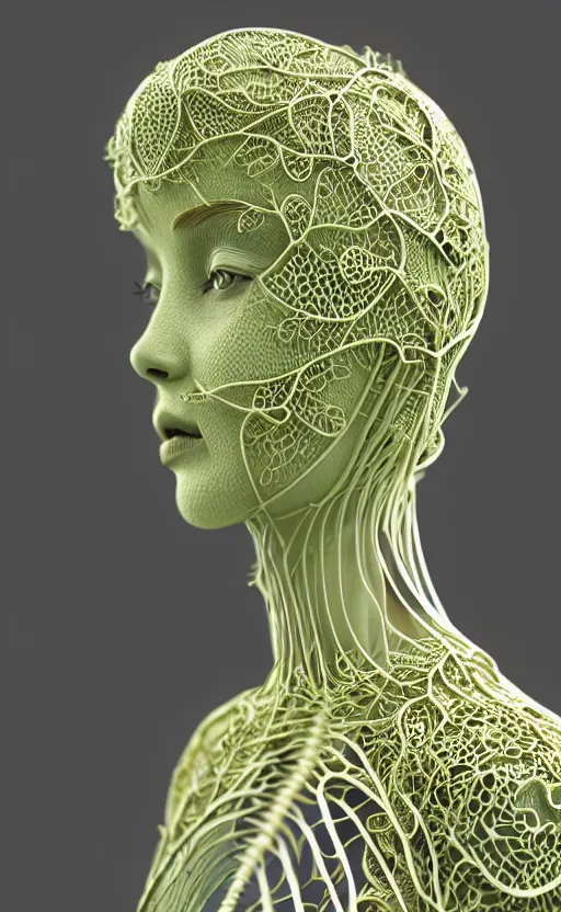 Image similar to ultra detailed complex 3d render of a beautiful porcelain profile woman face, hazel eyes, vegetal dragon cyborg, 150 mm, beautiful natural soft light, rim light, silver gold metallic details, magnolia soft lime green big leaves and stems, moss, roots, fine lace, maze like, mandelbot fractal, anatomical, facial muscles, cable wires, microchip, elegant, white metallic armour, octane render, black and white, H.R. Giger style