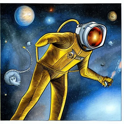 Image similar to golden ratoo, pencil art, space astronaut opening door that shows space and time created by stan lee with extra detail, epic.