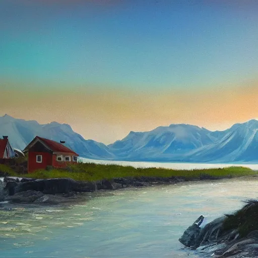 Image similar to overgrown norwegian village at the coast, sunset, arctic, beautiful, oil painting