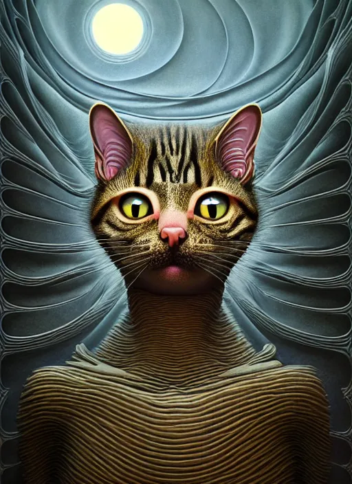 Image similar to hyper detailed 3d render like an Oil painting - A cat human chimera by Jacek Yerka, Mariusz Lewandowski, Houdini algorithmic generative render, Abstract brush strokes, Masterpiece, Edward Hopper and James Gilleard, Zdzislaw Beksinski, Mark Ryden, Wolfgang Lettl, hints of Yayoi Kasuma, octane render, 8k