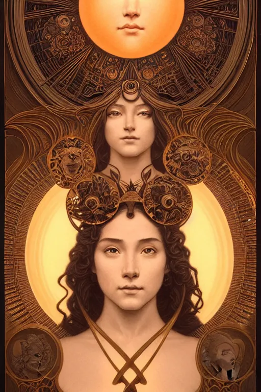 Image similar to symmetry!!!! intensely intricate tintype fan art of full frontal pose of a young sun goddess, protagonist, intertwined with a young moon goddess, antagonist, intricate, elegant, highly detailed, my rendition, digital painting, artstation, concept art, smooth, sharp focus, illustration, art by artgerm and greg rutkowski and alphonse mucha