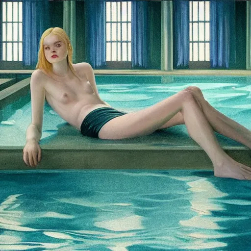 Prompt: Elle Fanning submerged in a pool at night in the world of Edward Hopper, stormy weather, streetlights, extremely detailed masterpiece, oil on canvas, low-key neon lighting, artstation, Blade Runner 2049, Roger Deakin’s cinematography, by J. C. Leyendecker and Peter Paul Rubens,