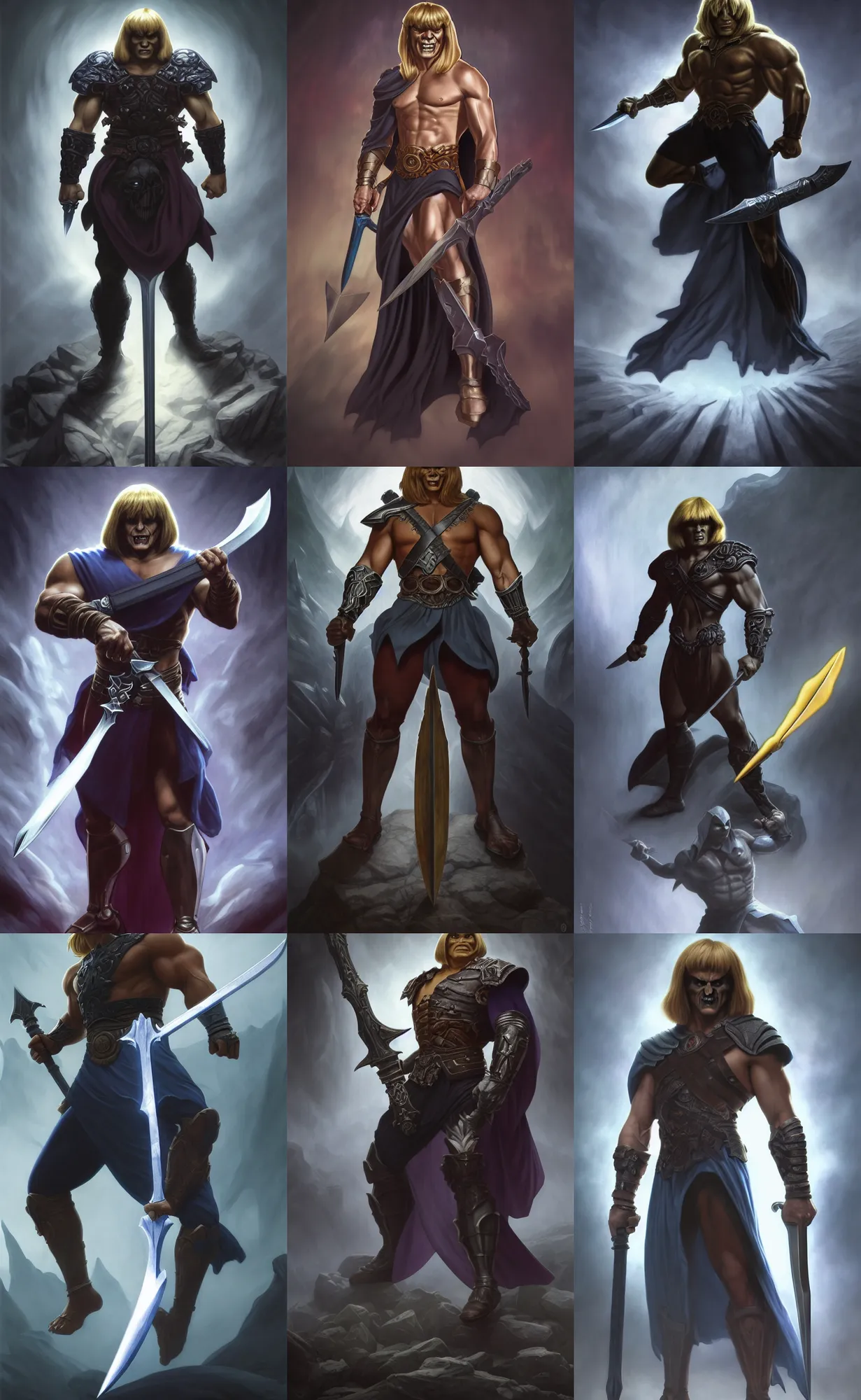Prompt: full body centered uncut character pose of evil looking he - man, mysterious - eerie - ominous, he - man is holding the power sword in his right hand, dark grey shadowy smokey eery background, direct natural lighting, cinematic, epic, ultra - detailed, sharp focus, colored illustration, artwork by artgerm and greg rutkowski and alphonse mucha