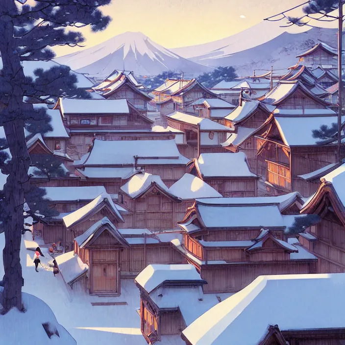 Image similar to japanese rural town, winter, in the style of studio ghibli, j. c. leyendecker, greg rutkowski, artem