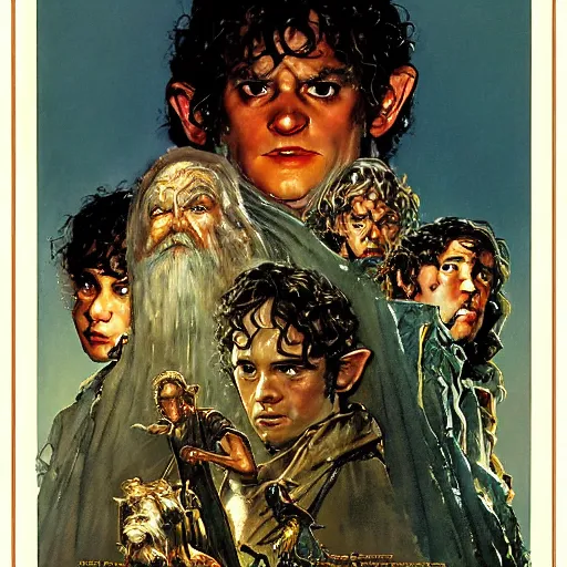 Image similar to variations on the legendary theatrical release poster of ralph bakshi lord of the rings movie, artist norman rockwell