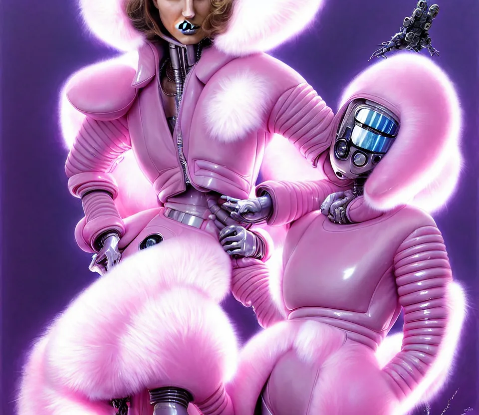 Image similar to beautiful fantasy character portrait, natalie portman, wearing pink puffy bomber jacket with white fur, decepticon robots, seductive reclining pose, futuristic chrome drones, ultra realistic, dramatic lighting, decepticon artifacts, highly detailed by peter mohrbacher, hajime sorayama, wayne barlowe, boris vallejo, aaron horkey, gaston bussiere, craig mullins
