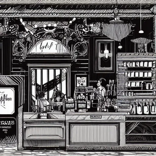 Prompt: an intricate concept art illustration of a coffee shop, style ivan talavera