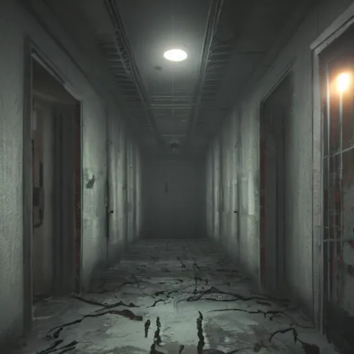 Prompt: horror facility hald - lit corridor, scp containment breach, unreal engine 5, rtx, next - gen graphics, aaa game trailer, cinematic lighting