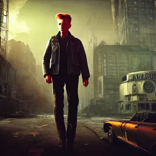 Image similar to fallout 5, charismatic david bowie, portrait, outdoors ruined cityscape, atmospheric lighting, painted, intricate, volumetric lighting, beautiful, daytime, sunny weather, slight overcast, sharp focus, deep colours, ultra detailed, by leesha hannigan, ross tran, thierry doizon, kai carpenter, ignacio fernandez rios