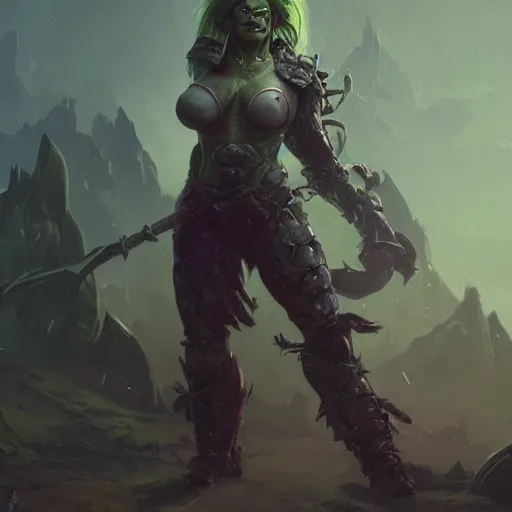 Prompt: a full character portrait of a toned physique green orc woman with a ponytail in full plate armor, by greg rutkowski, wlop, astri lohne, wei wang, trending on artstation