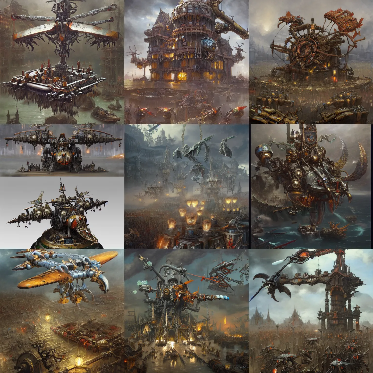 Prompt: warhammer base with propellers, cranes, chains, highly detailed, digital painting, artstation, concept art, smooth, sharp focus, illustration, artstation, art by giger and greg rutkowski and hikari shimoda and edmund blair leighton and charlie bowater, painted warhammer miniature