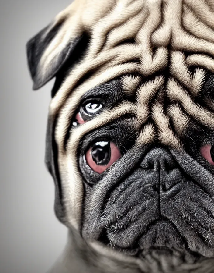 Image similar to a pug and with a paint mask intricate artwork by artstation. octane render, cinematic, hyper realism, 8k, depth of field.