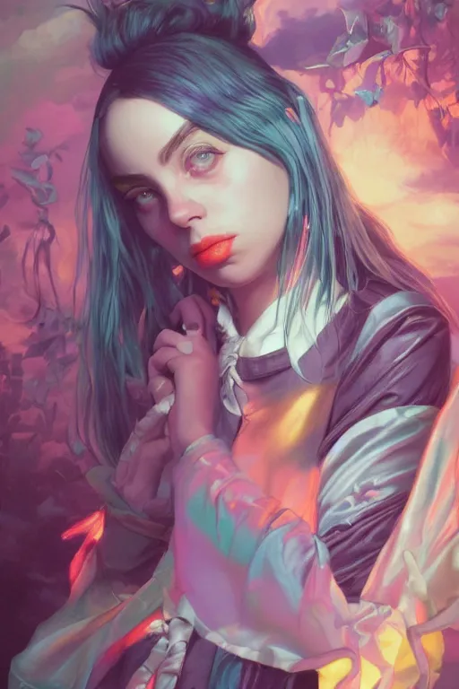 Image similar to billie eilish portrait of a vaporwave girl in a cluttered 9 0 s bedroom, by artgerm, tom bagshaw, gerald brom, vaporwave!, vaporwave colors!, lo fi colors, lo fi, 4 k, hd,