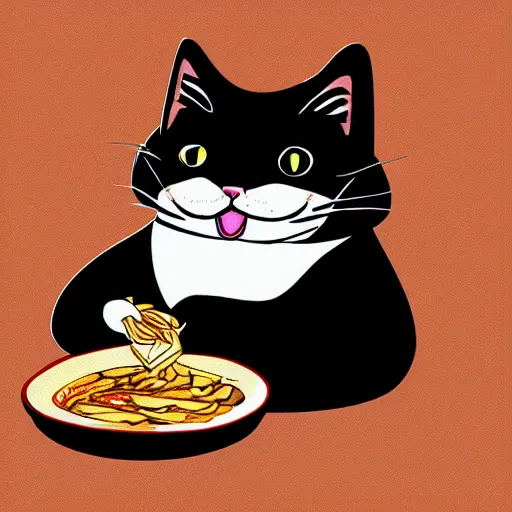 Image similar to fat cat eating noodles on toast, digital art