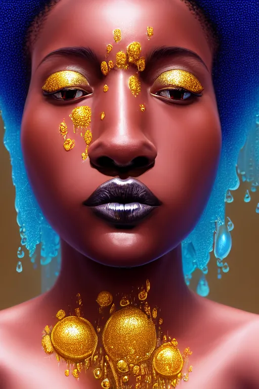 Prompt: hyperrealistic precisionist cinematic profile very expressive! black oshun goddess, in water! up to shoulders, mirror dripping droplet!, gold flowers, highly detailed face, digital art masterpiece, smooth eric zener cam de leon, dramatic pearlescent turquoise light on one side, side angle uhd 8 k, tilt shift