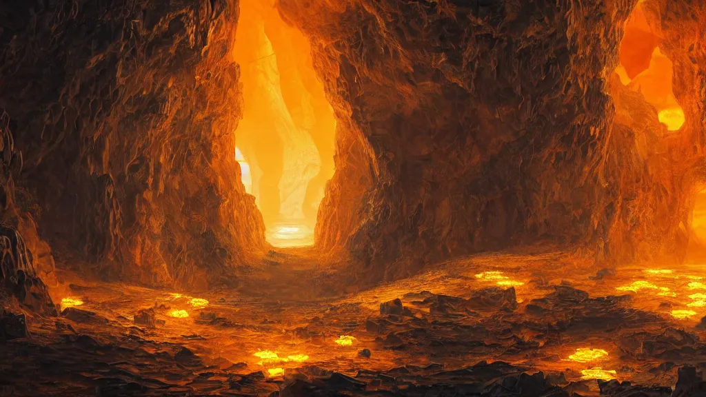 Image similar to a hidden city in a cave lit up by glowing orange crystals in the cracks of the cave walls, highly detailed oil painting, epic fantasy art, abstraction, masterpeice, 8k