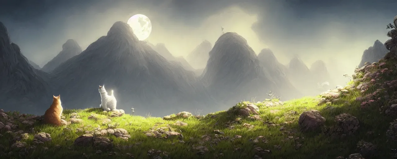 Prompt: cat on the moon, ghibli landscape illustration close floral clearing and mountains in the background, deep focus, d & d, fantasy, intricate, elegant, highly detailed, digital painting, artstation, concept art, matte, sharp focus, illustration, hearthstone, art by fire watch game and greg rutkowski, no characters