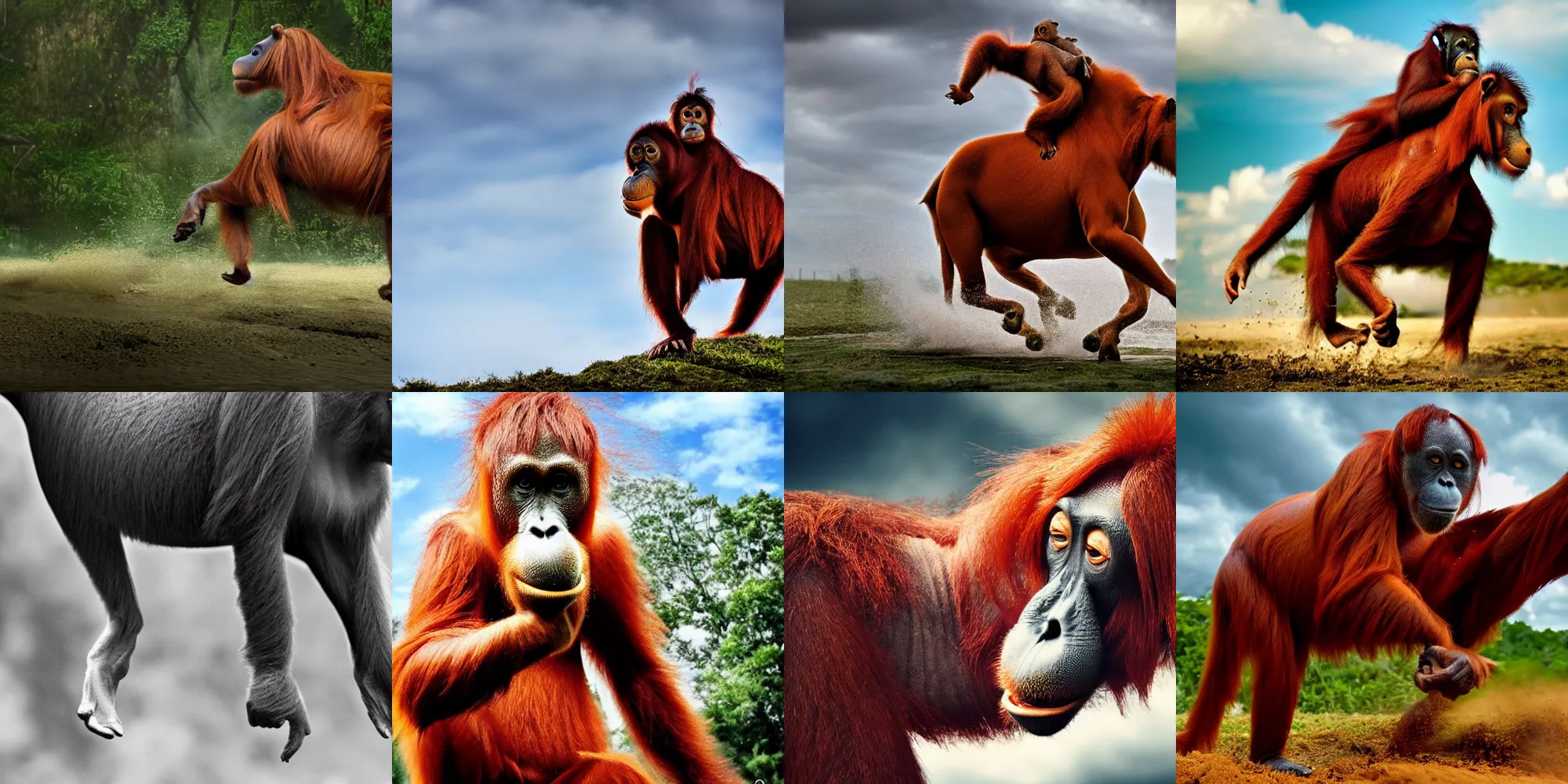 Prompt: An extremely detailed photograph of An orangutan riding a horse, 8k wallpaper, surreal