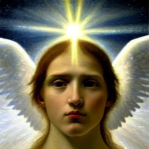 Image similar to renaissance hyper realistic painting of white angel!!! beautiful face, no gender!!!, ball of miracle light from the chest!!!!!, miracle light coming overhead!!, miracles everywhere, lot of fire and stars overhead!!!, by caspar david friedrich, misty space, holography effect, glow effect, large strokes, high detailed, white background